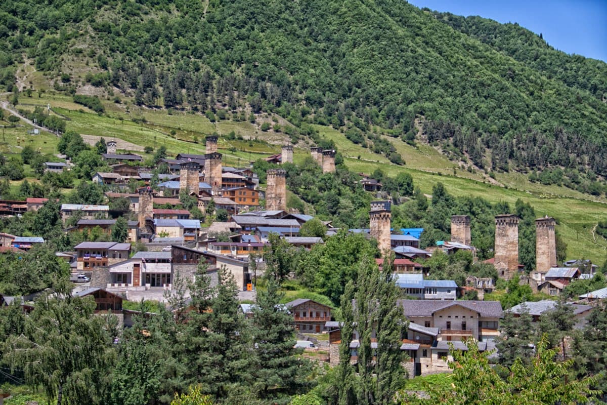 Mestia village with cluster of Svan defensive towers