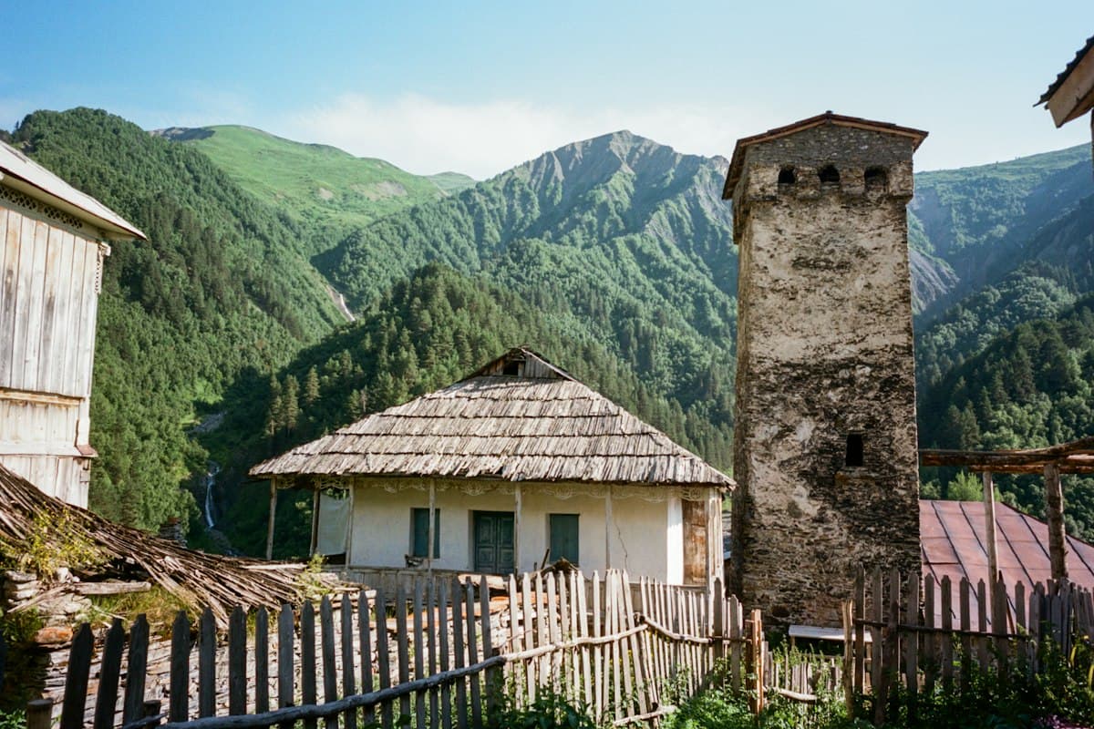 Traditional Svan tower and mountain house in Upper Svaneti